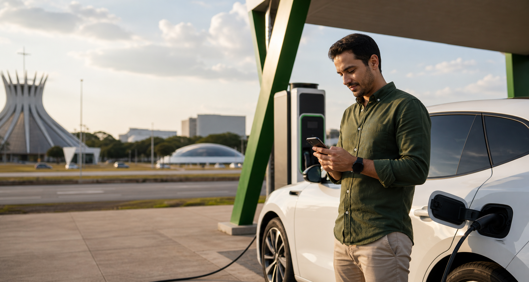 Motorista acompanha a recarga de um veículo elétrico pelo celular em Brasília